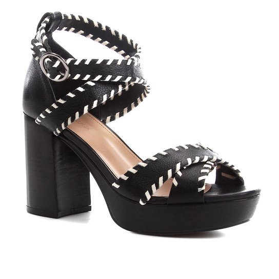 Sandália Couro Shoestock Salto Alto Nomade Crafts Feminina - Preto