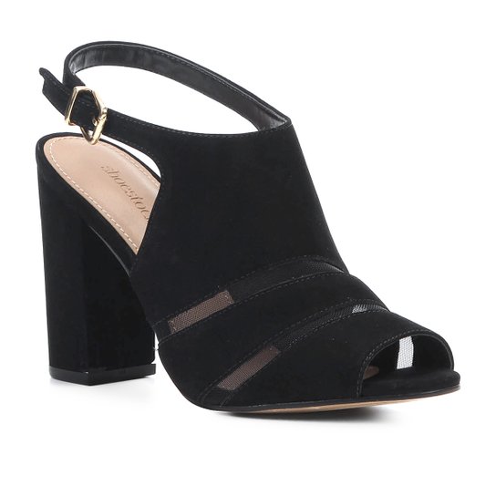 Sandália Couro Shoestock Salto Bloco Tela Feminina - Preto