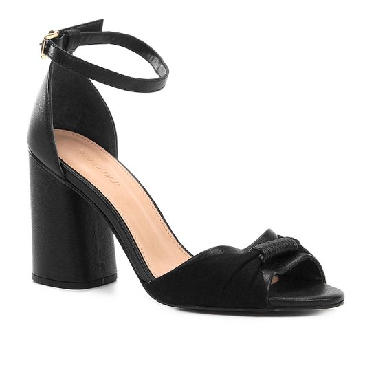 Sandália Couro Shoestock Salto Bloco Tira Feminina - Preto