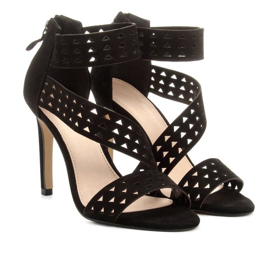 Sandália Couro Shoestock Salto Fino Vazada Feminina - Preto