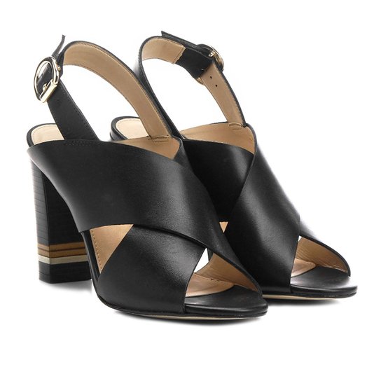 Sandália Couro Shoestock Salto Grosso Fachete Tiras Feminina - Preto