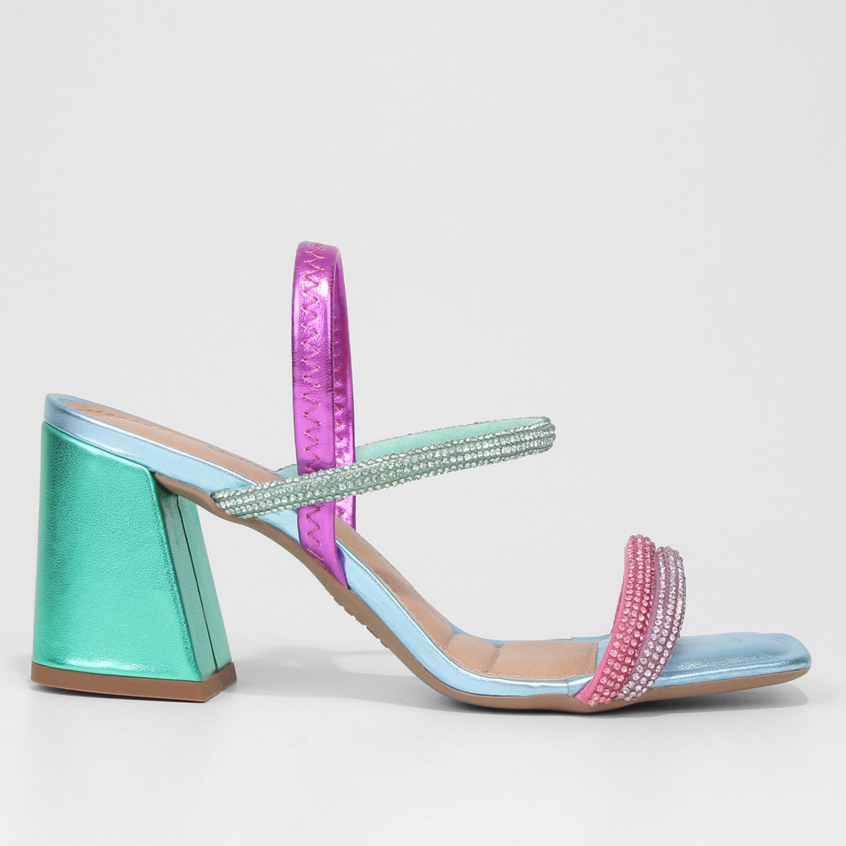 Sandália Dakota Salto Bloco Strass Feminina - Prata+Verde Menor preço em Sandália Dakota Salto Bloco Strass Feminina - Prata+Verde