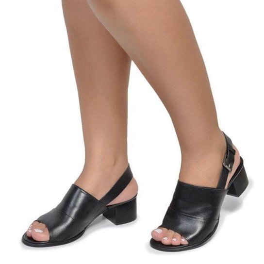 Sandalia De Salto Baixo Em Couro Preto - Preto