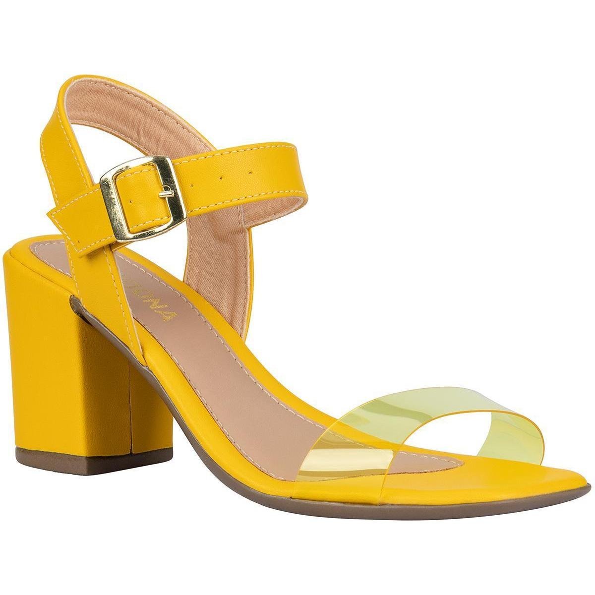Sandália Dominadona Salto Bloco Bico Quadrado Transparente Feminina - Amarelo Menor preço em Sandália Dominadona Salto Bloco Bico Quadrado Transparente Feminina - Amarelo
