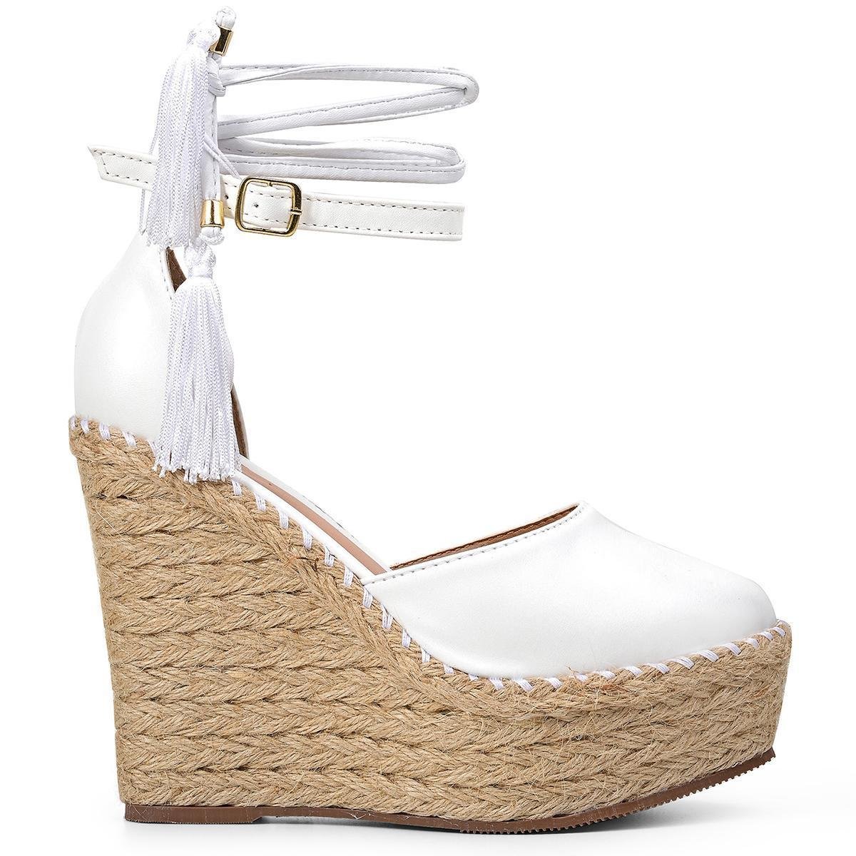 Sandália Feminina Anabela Branca Fechada Corda Amarração Zattini