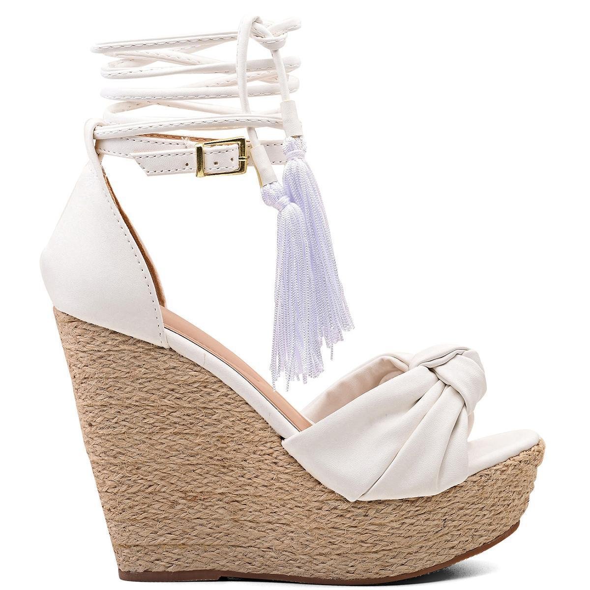 Sandália Feminina Anabela Branca Plataforma Amarração Corda Zattini