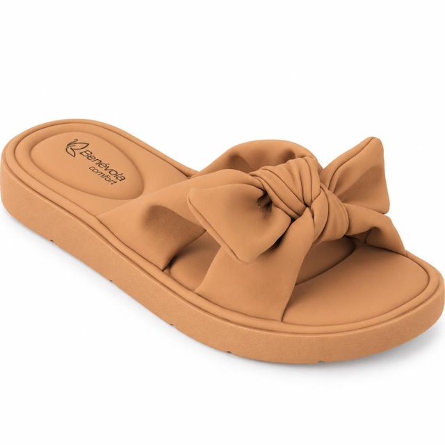 Sandália Feminina Benévola Comfort Slide Laço Palmilha Macia Anatômica Nobuck Sintético Confortável