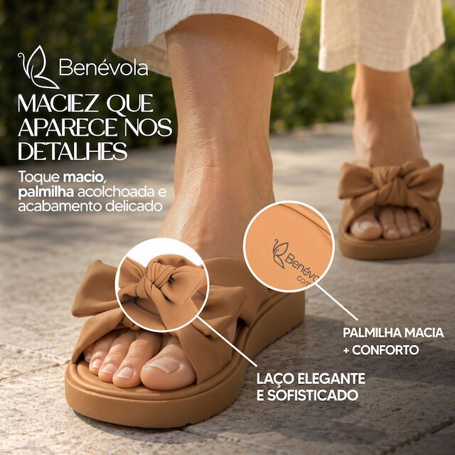 Sandália Feminina Benévola Comfort Slide Laço Palmilha Macia Anatômica Nobuck Sintético Confortável