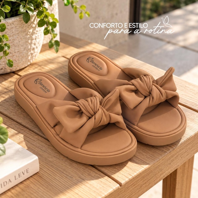 Sandália Feminina Benévola Comfort Slide Laço Palmilha Macia Anatômica Nobuck Sintético Confortável