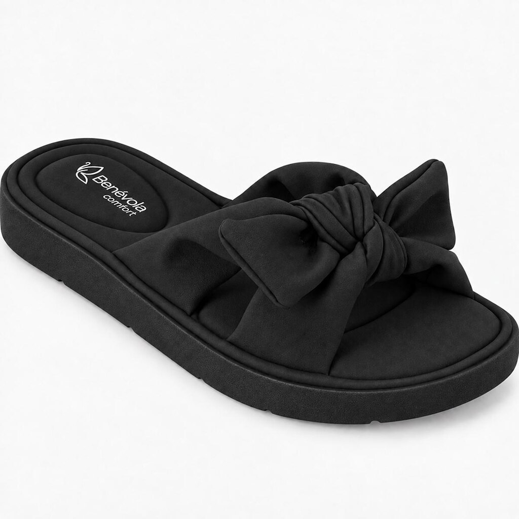 Sandália Feminina Benévola Comfort Slide Laço Palmilha Macia Anatômica Nobuck Sintético Confortável