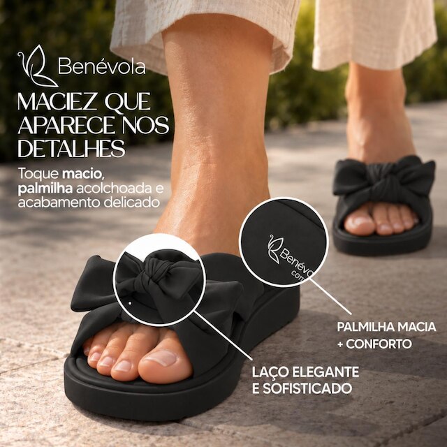 Sandália Feminina Benévola Comfort Slide Laço Palmilha Macia Anatômica Nobuck Sintético Confortável