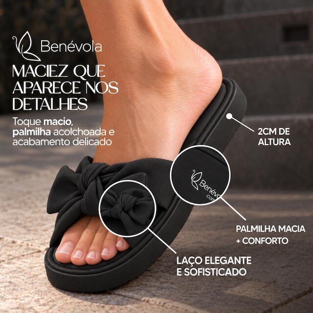 Sandália Feminina Benévola Comfort Slide Laço Palmilha Macia Anatômica Nobuck Sintético Confortável