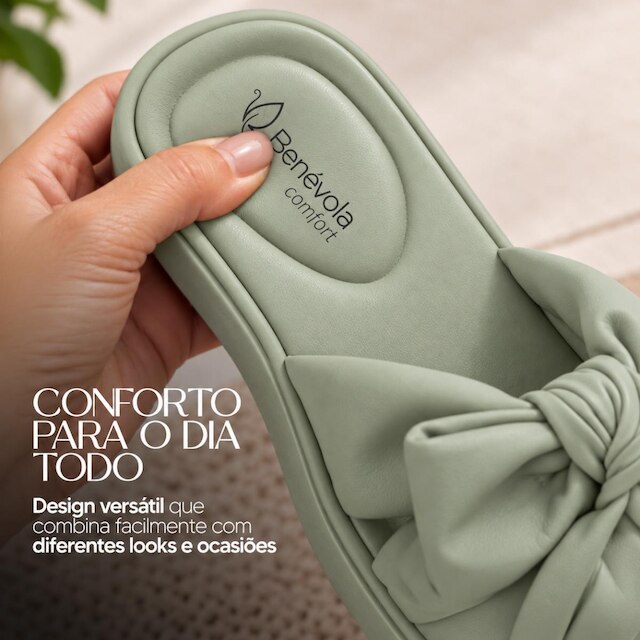 Sandália Feminina Benévola Comfort Slide Laço Palmilha Macia Anatômica Nobuck Sintético Confortável