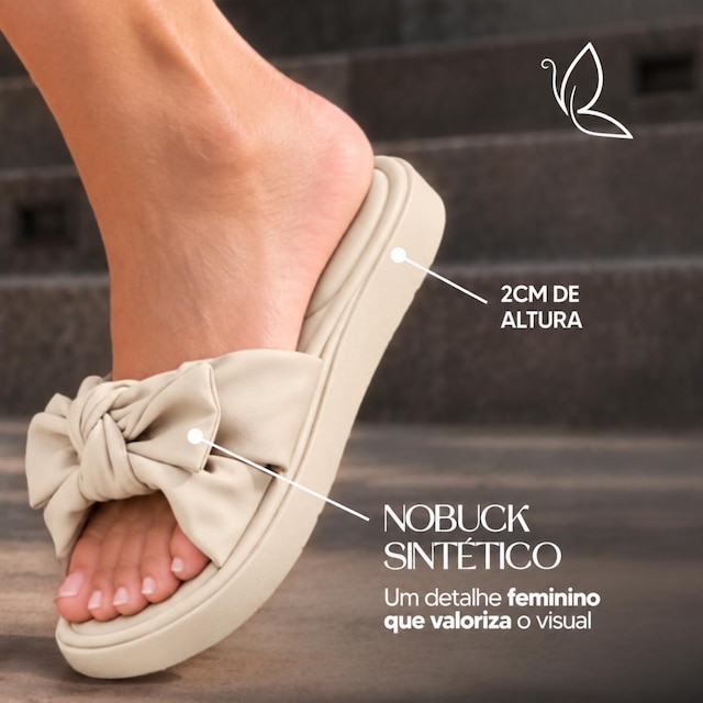 Sandália Feminina Benévola Comfort Slide Laço Palmilha Macia Anatômica Nobuck Sintético Confortável
