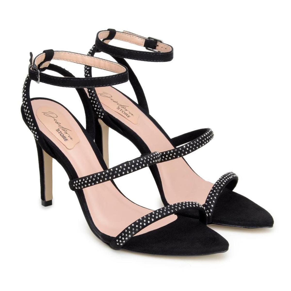 Sandália Feminina Camurça Salto Alto Fino Aplique Tira Festa Zattini