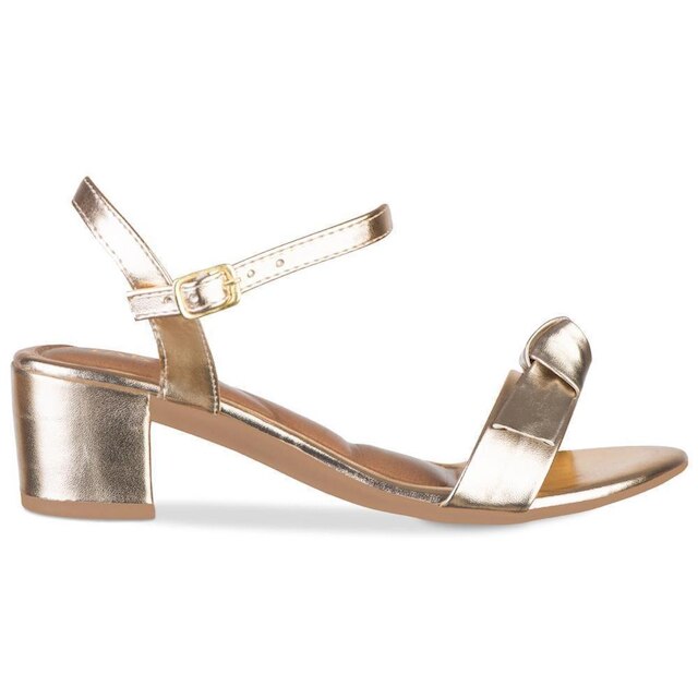 Sandalia Feminina Casual Metalizada Salto Grosso Baixo Bloco Confortável Moda Fivela Laço Nó