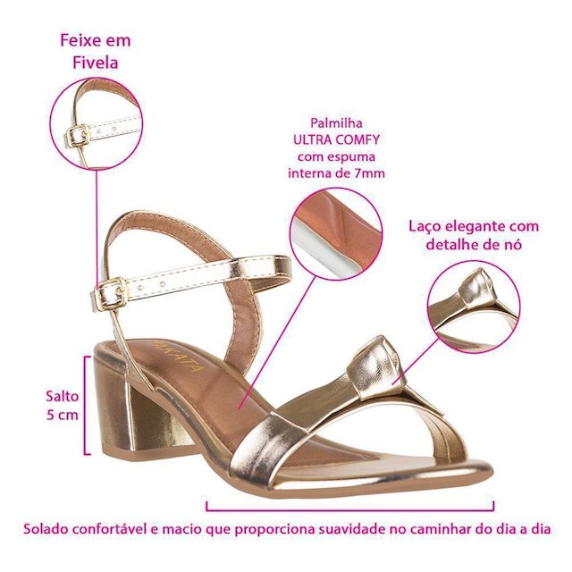 Sandalia Feminina Casual Metalizada Salto Grosso Baixo Bloco Confortável Moda Fivela Laço Nó