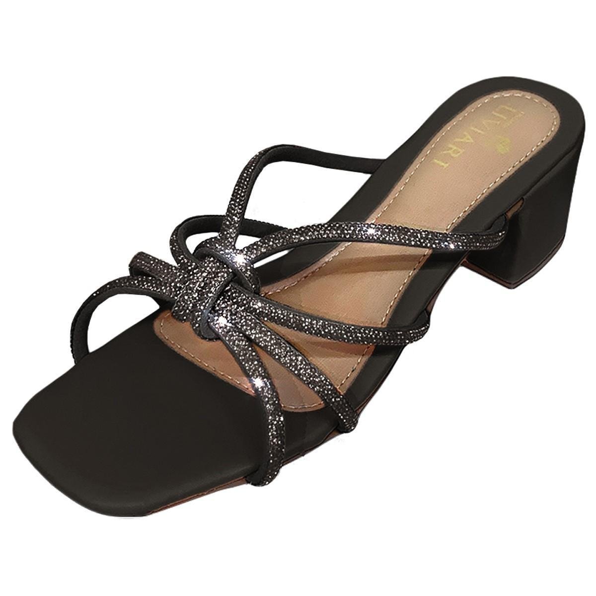 Sandália Feminina de Salto Bloco Grosso Médio com Tiras Strass Festa Tamanco Ref. 31/11 Menor preço em Sandália Feminina de Salto Bloco Grosso Médio com Tiras Strass Festa Tamanco Ref. 31/11