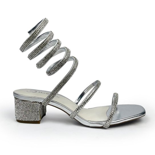 Sandália Feminina Espiral Salto Baixo Quadrado Strass Moda