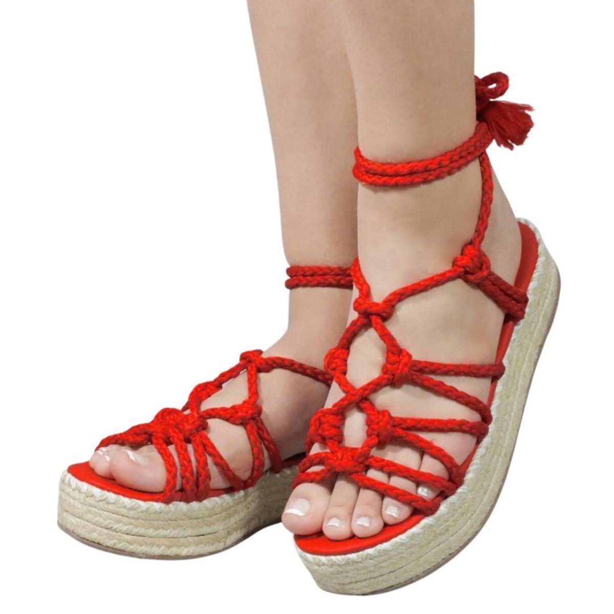 Scarpin Vermelho Sapatilha Com Amarração Anabela Espadrille