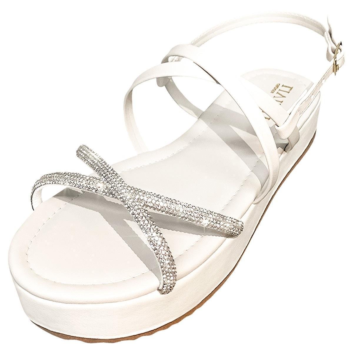 Sandália Feminina Flatform Plataforma Papete com Tiras em Strass Rasteira com Fivela Ref. 30/33 - Off White Menor preço em Sandália Feminina Flatform Plataforma Papete com Tiras em Strass Rasteira com Fivela Ref. 30/33 - Off White