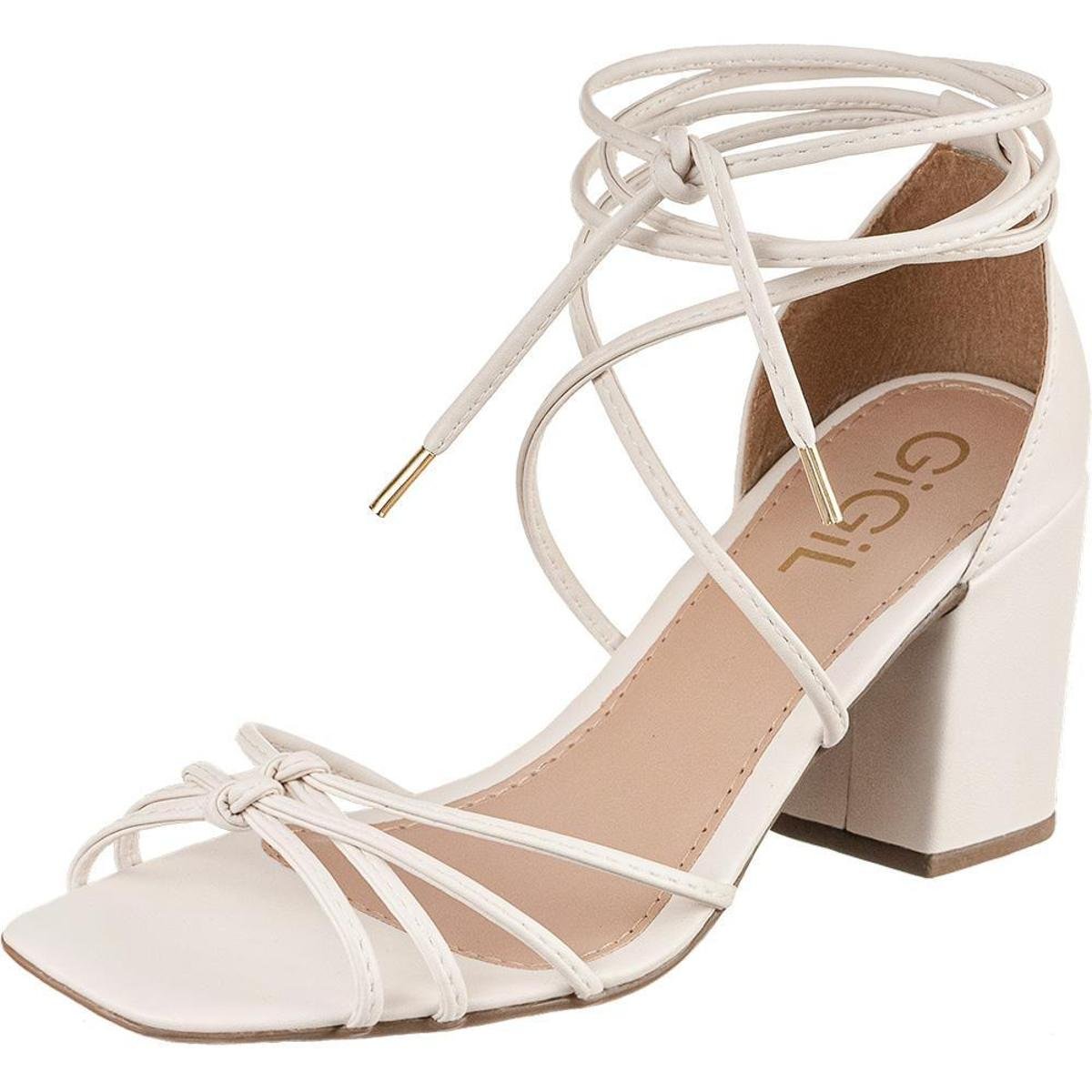 Sandália Feminina GiGiL Salto Tiras Amarração - Off White Menor preço em Sandália Feminina GiGiL Salto Tiras Amarração - Off White