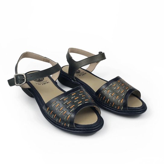 Sandália Feminina em Couro Azul Marinho Salto Baixo Zattini