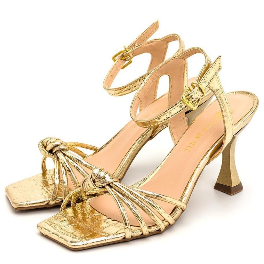 Sandália Feminina Metalizada Croco Salto Taça Fivela Moda