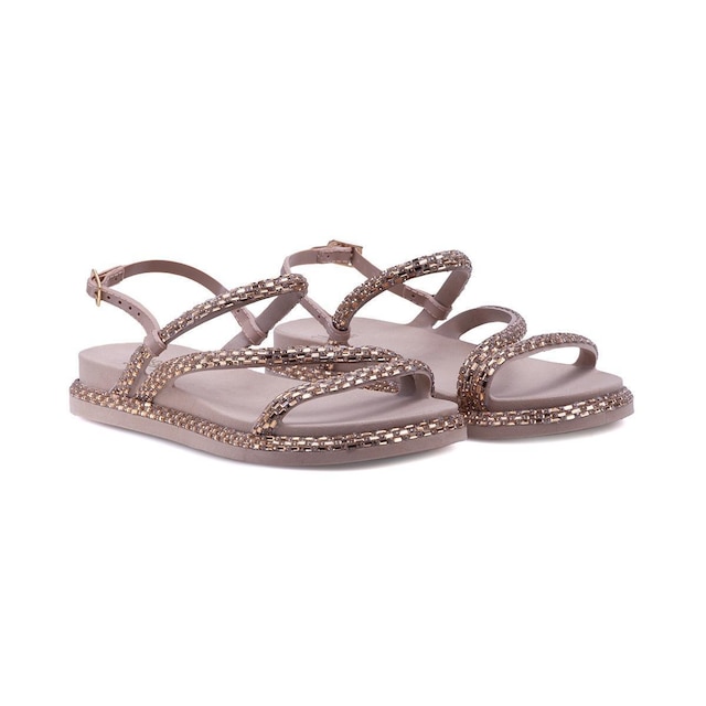 Sandalia Feminina Papete Com Tiras De Brilho Fivela Bk100
