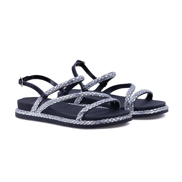 Sandalia Feminina Papete Com Tiras De Brilho Fivela Bk100