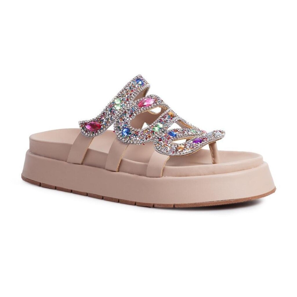 Sandália Feminina Papete Flatform Pedraria Strass Brilho