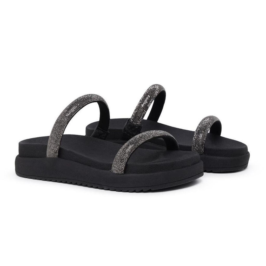 Sandália Feminina Papete Flatform Strass Confortável Tiras