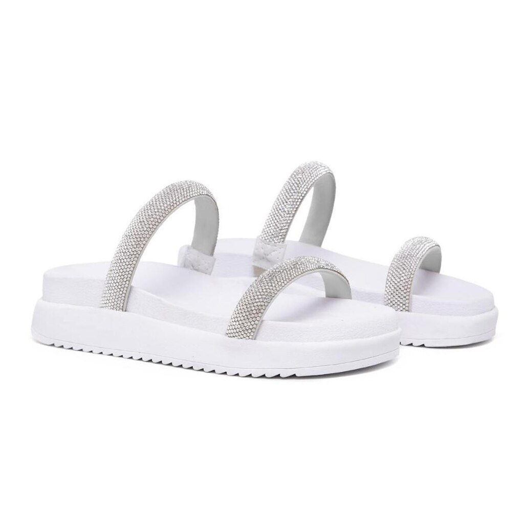 Sandália Feminina Papete Flatform Strass Confortável Tiras