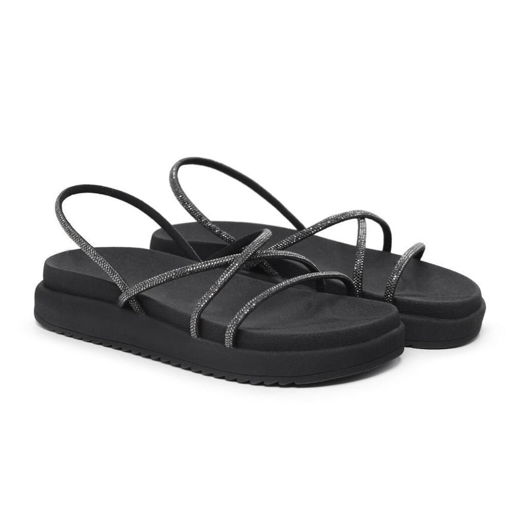 Sandália Feminina Papete Flatform Tiras Strass Confortável