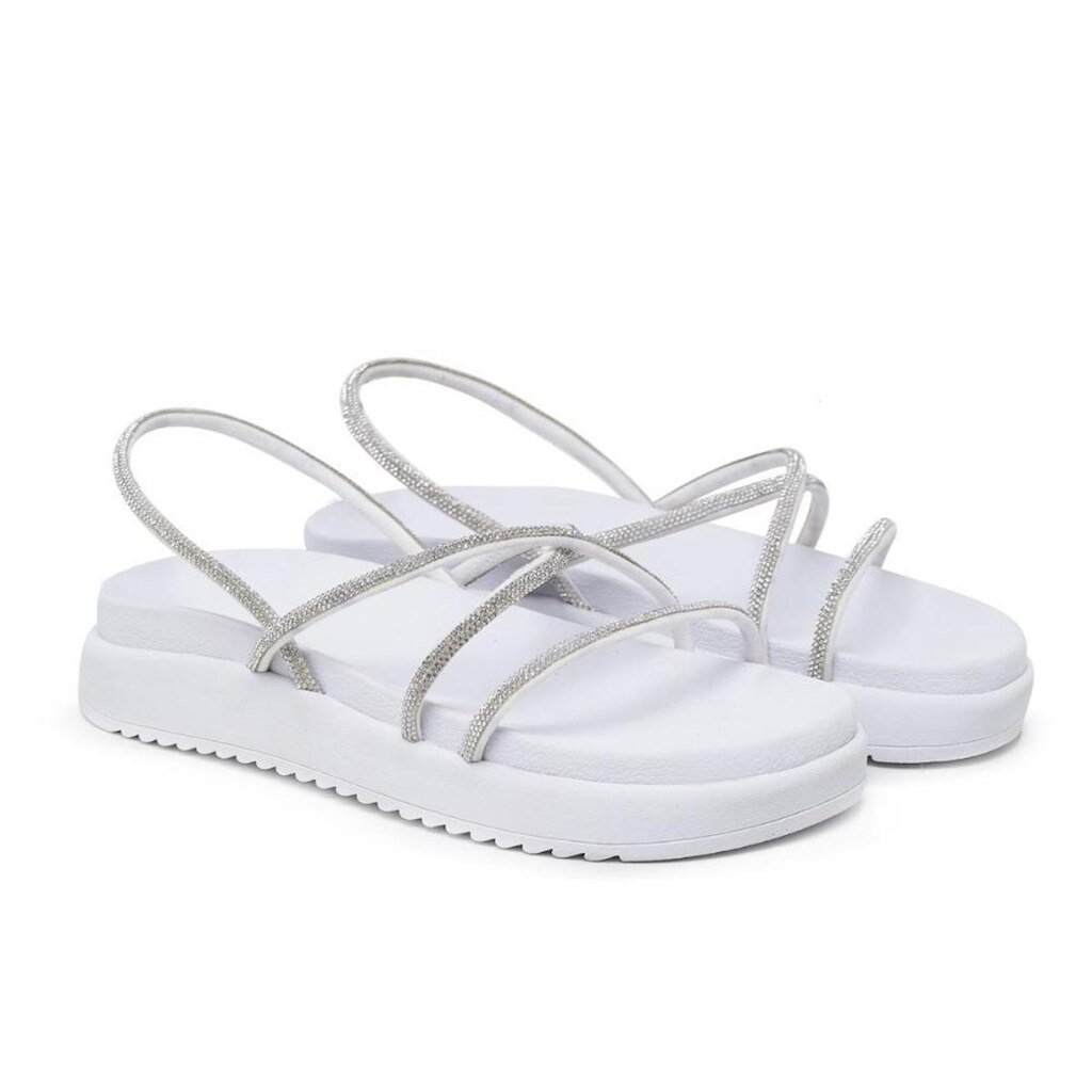 Sandália Feminina Papete Flatform Tiras Strass Confortável