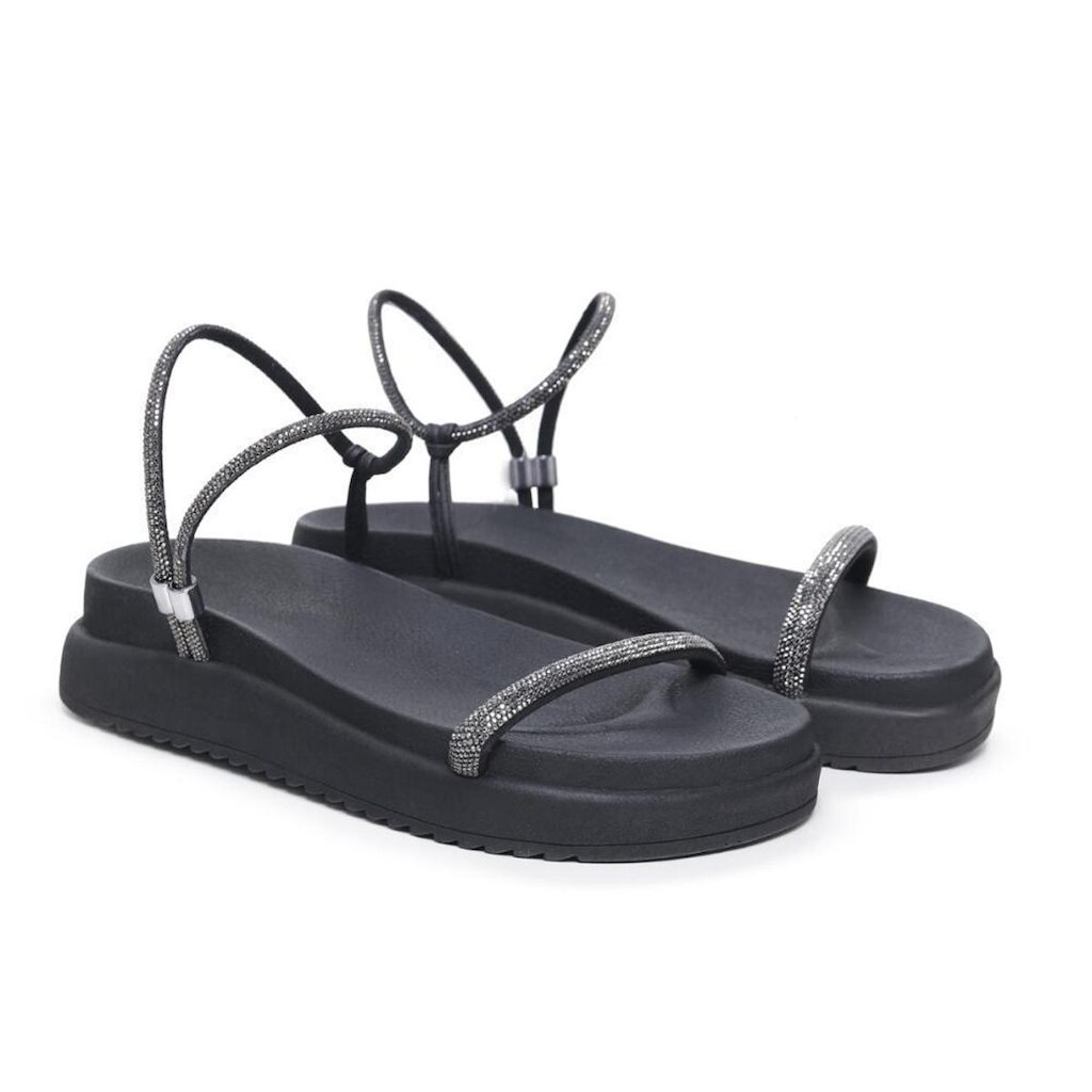 Sandália Feminina Papete Flatform Tiras Strass Elegante