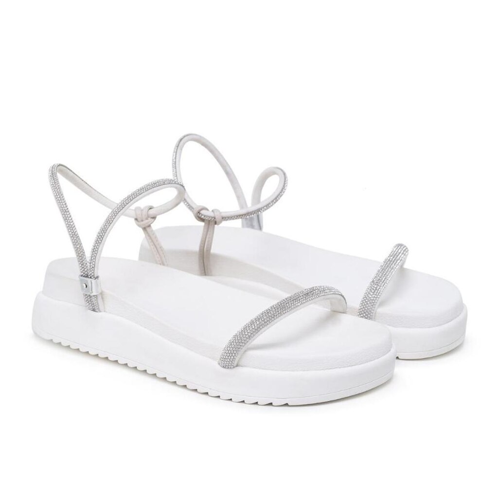 Sandália Feminina Papete Flatform Tiras Strass Elegante