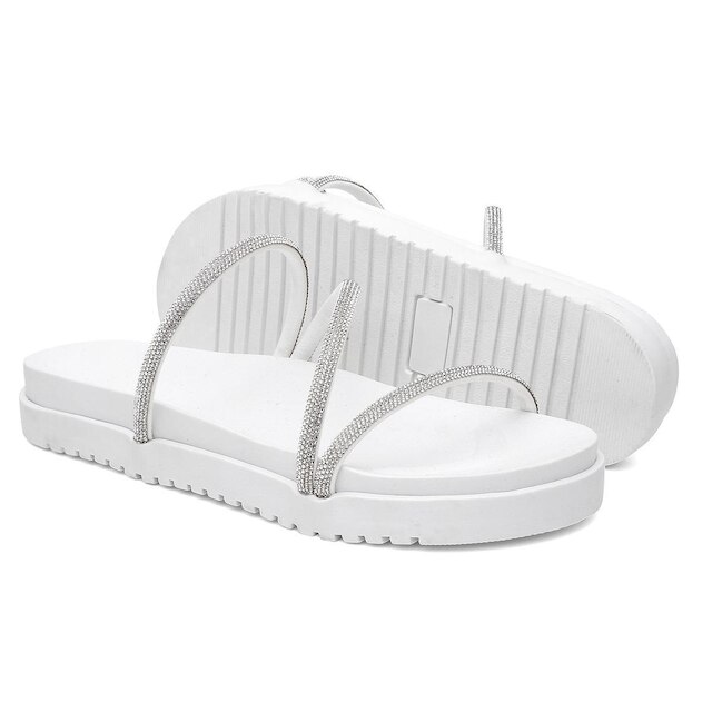 Sandália Feminina Papete Plataforma Slide Strass Tiras Brilhantes