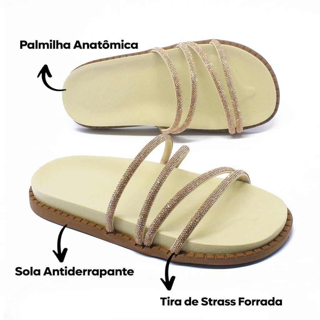 Sandalia Feminina Rasteira Com Tiras Brilhantes Stras Leve