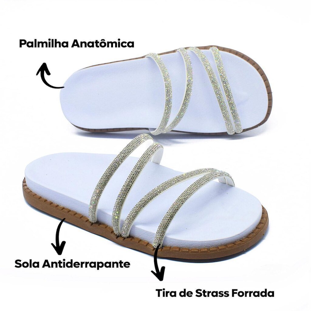 Sandalia Feminina Rasteira Com Tiras Brilhantes Stras Leve