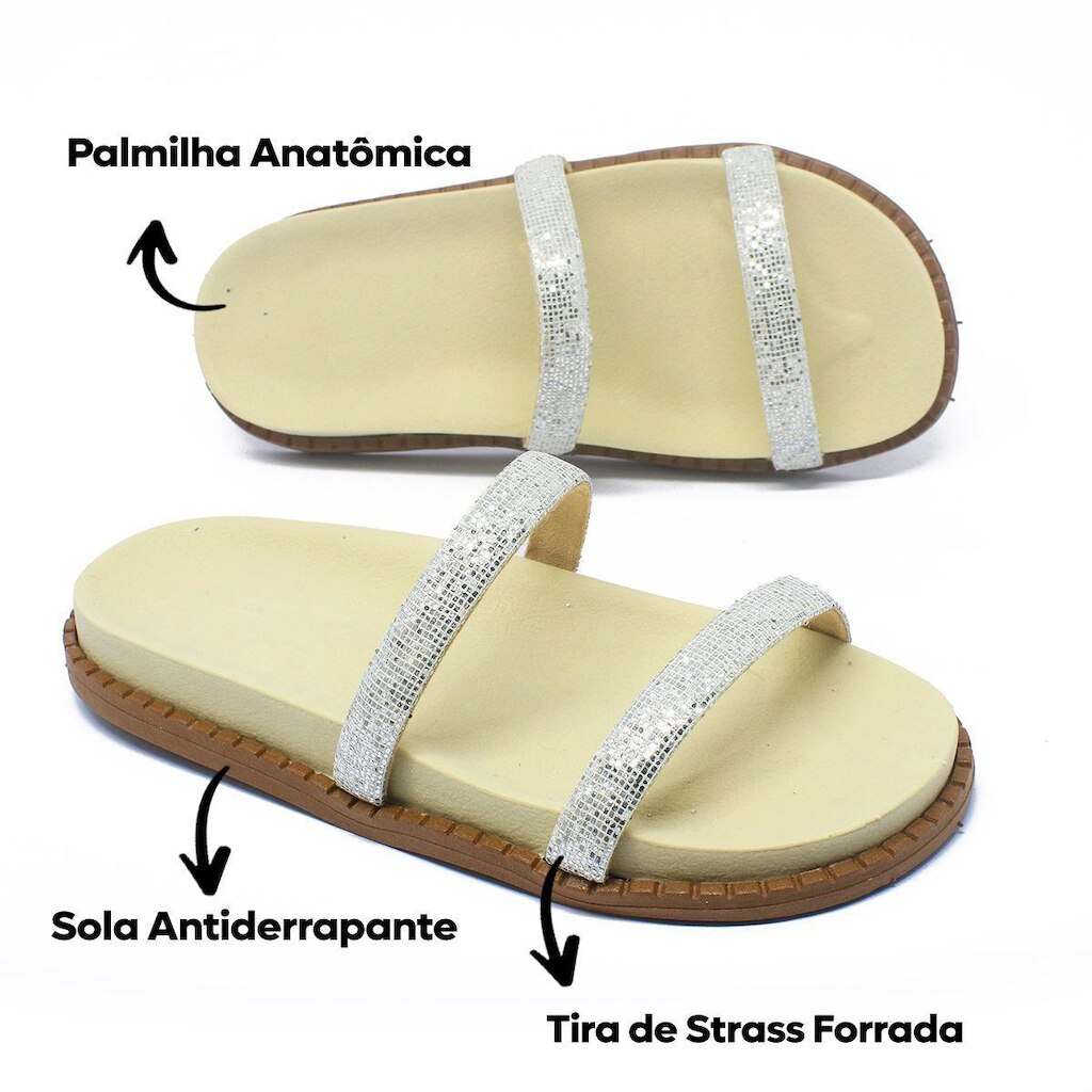 Sandalia Feminina Rasteira Com Tiras Brilhantes Stras