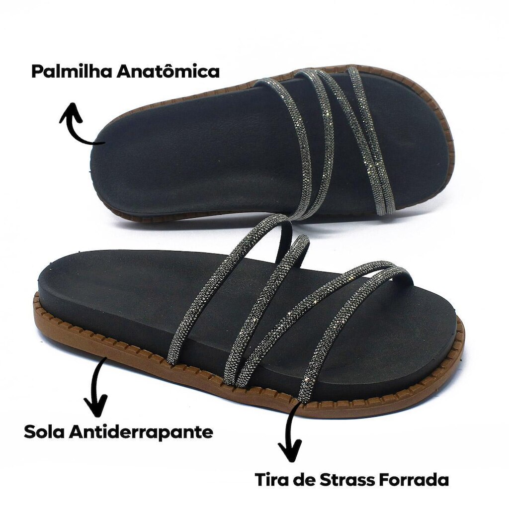 Sandalia Feminina Rasteira Com Tiras Brilhantes Stras