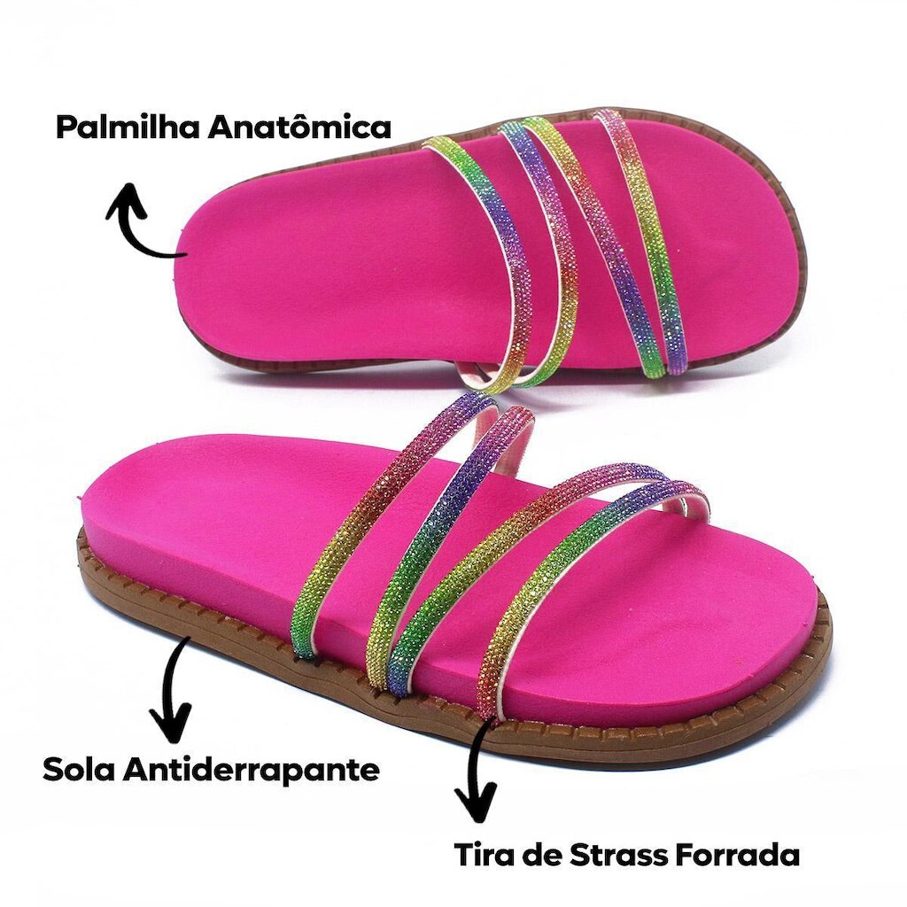 Sandalia Feminina Rasteira Com Tiras Brilhantes Stras