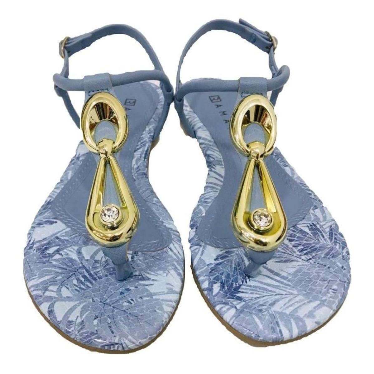 Sandália Feminina Rasteira Ramarim Detalhe Dourado - Azul Claro Menor preço em Sandália Feminina Rasteira Ramarim Detalhe Dourado - Azul Claro