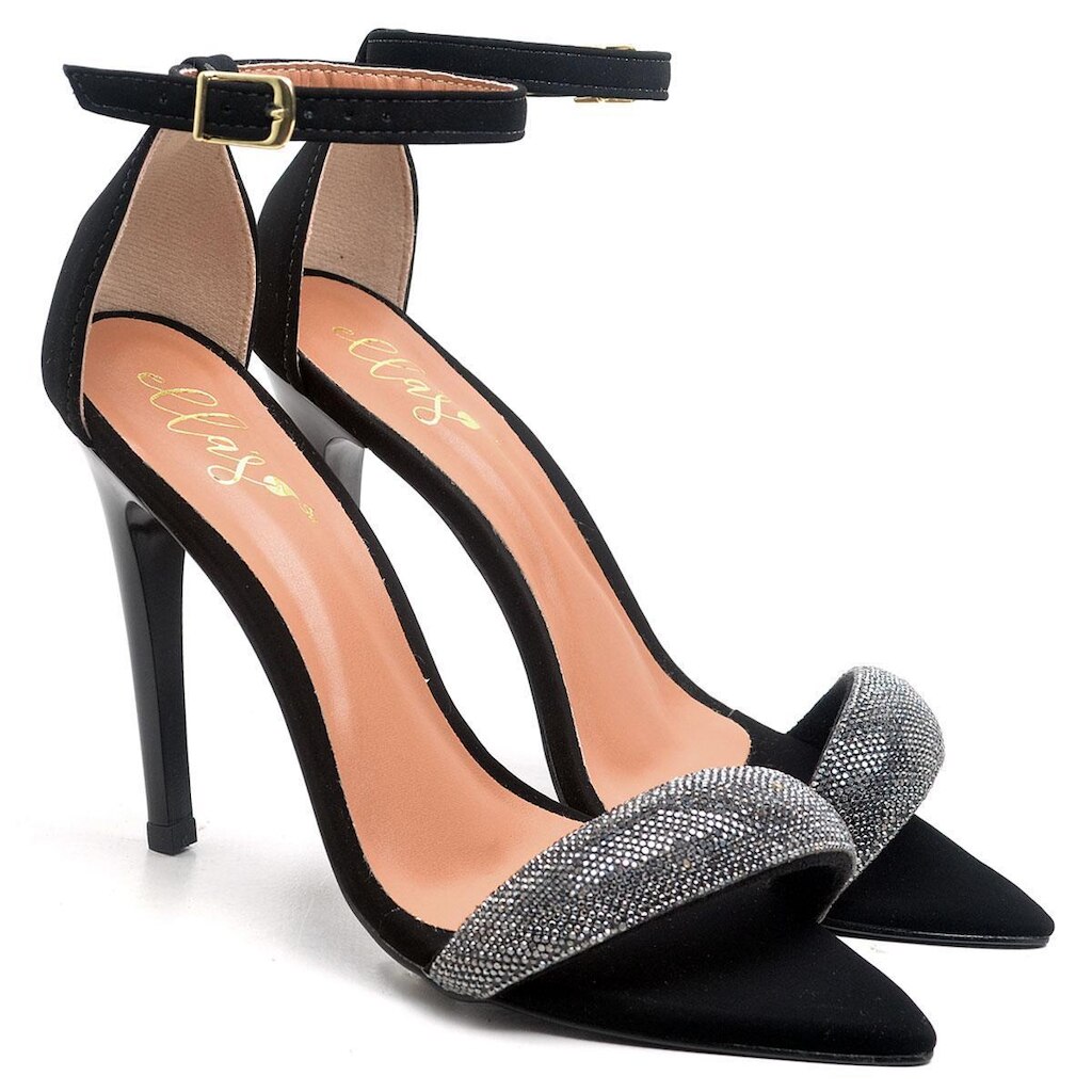 Sandália Feminina Salto Alto Bico Folha Nobuck /Strass