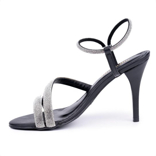 Sandália Feminina Salto Alto Fino Tiras Strass Brilho Moda