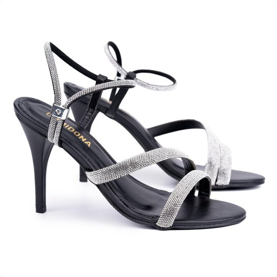 Sandália Feminina Salto Alto Fino Tiras Strass Brilho Moda
