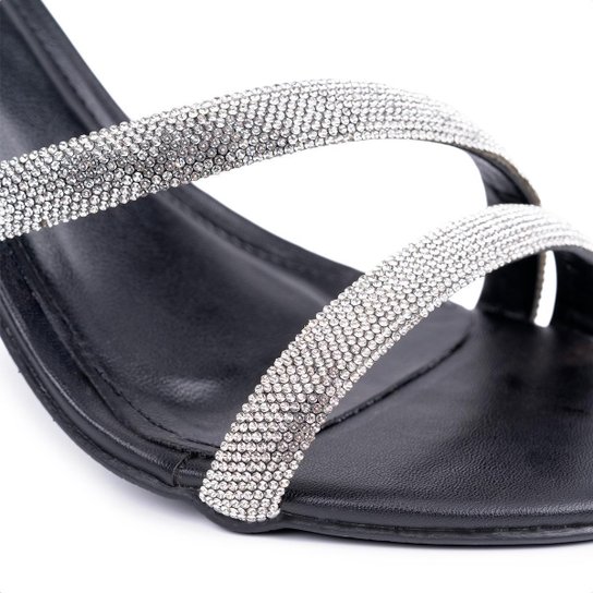 Sandália Feminina Salto Alto Fino Tiras Strass Brilho Moda