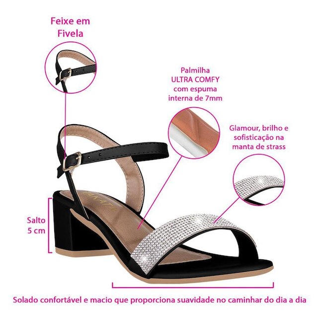 Sandalia Feminina Salto Baixo Bloco Grosso Casual Confortavel Moda Brilho Strass