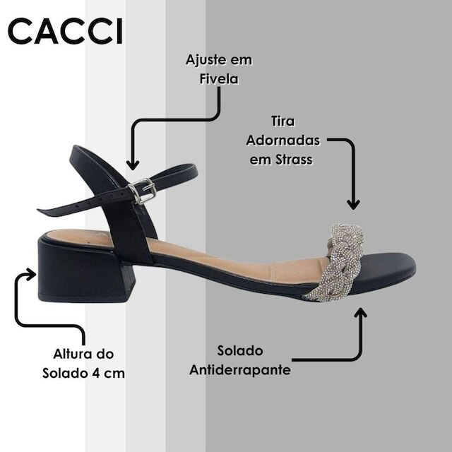 Sandália Feminina Salto Baixo Strass Brilhantes Cacci